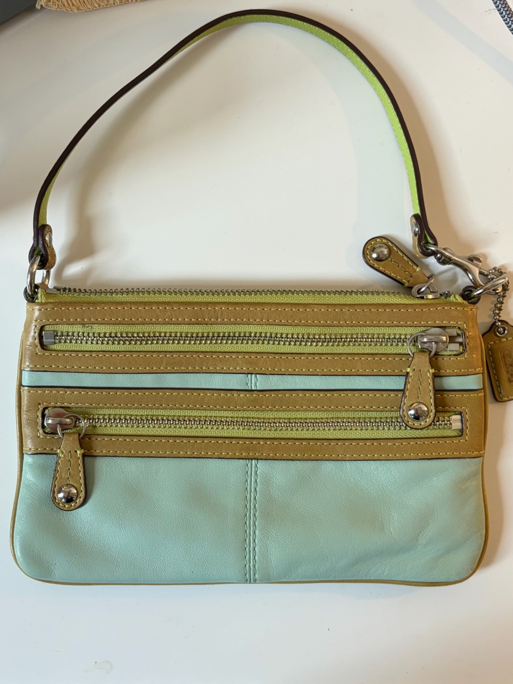 Coach Mint Green and Tan Leather Wristlet with Double Zippers